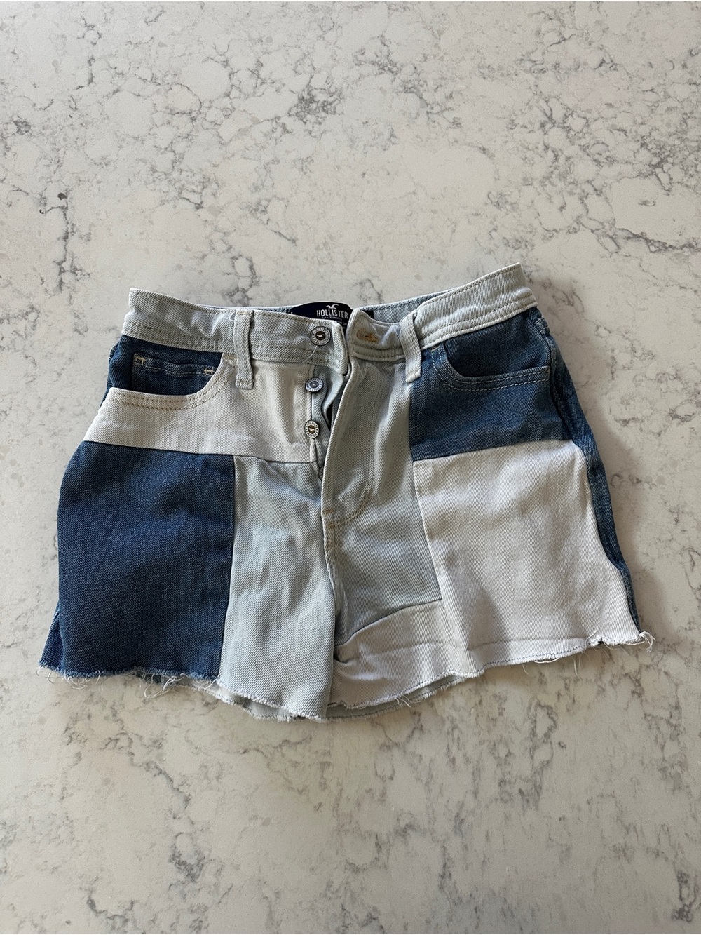 Hollister Patchwork Two-Tone Denim Shorts - Light & Dark Blue